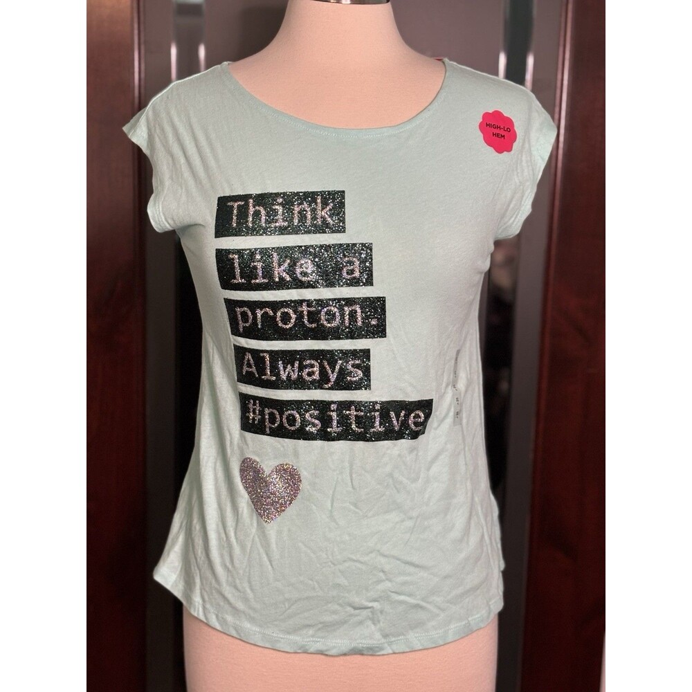 New Total Girl Aqua Blue Science Proton Positive Glitter Cotton Top XL 16